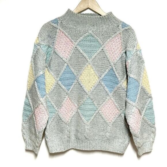 CB Sports Sweaters - Vintage 80 s Wool Patchwork Chunky knit Pastel Sweater Womens M